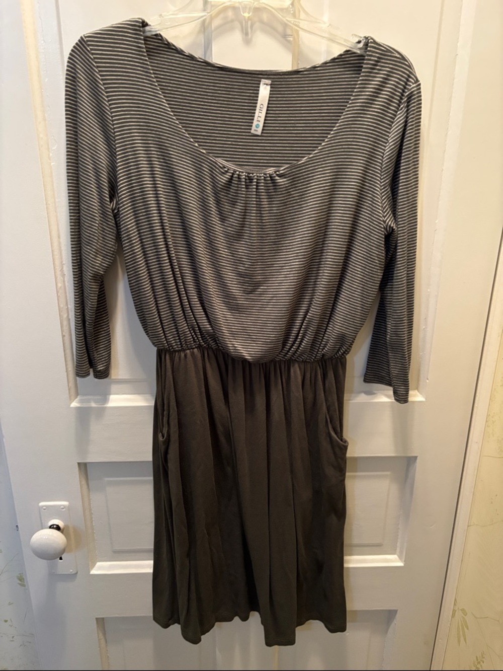 Gilli Striped Bodice with Solid Olive Skirt Long Sleeve Dress